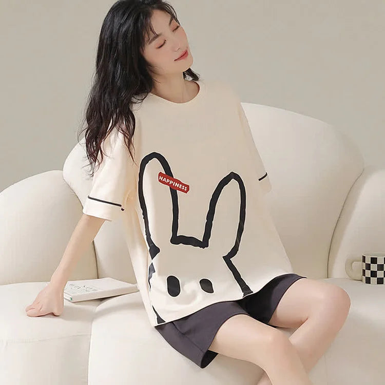 Bunny Letter Print Summer Cotton Pajamas Set