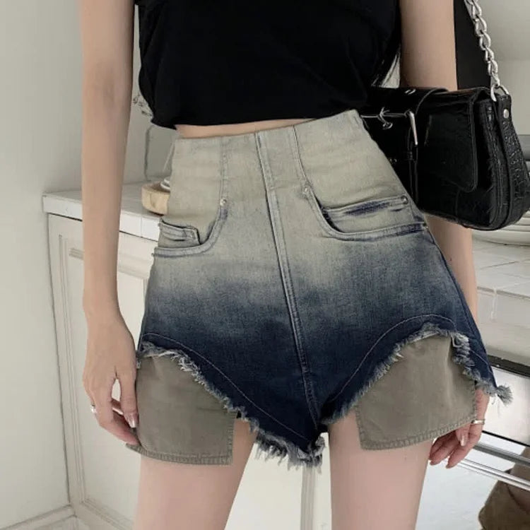 Chic Gradient Color High Waist Denim Shorts