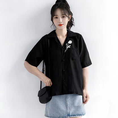 Vintage Flower Embroidery Pocket Polo T-Shirt