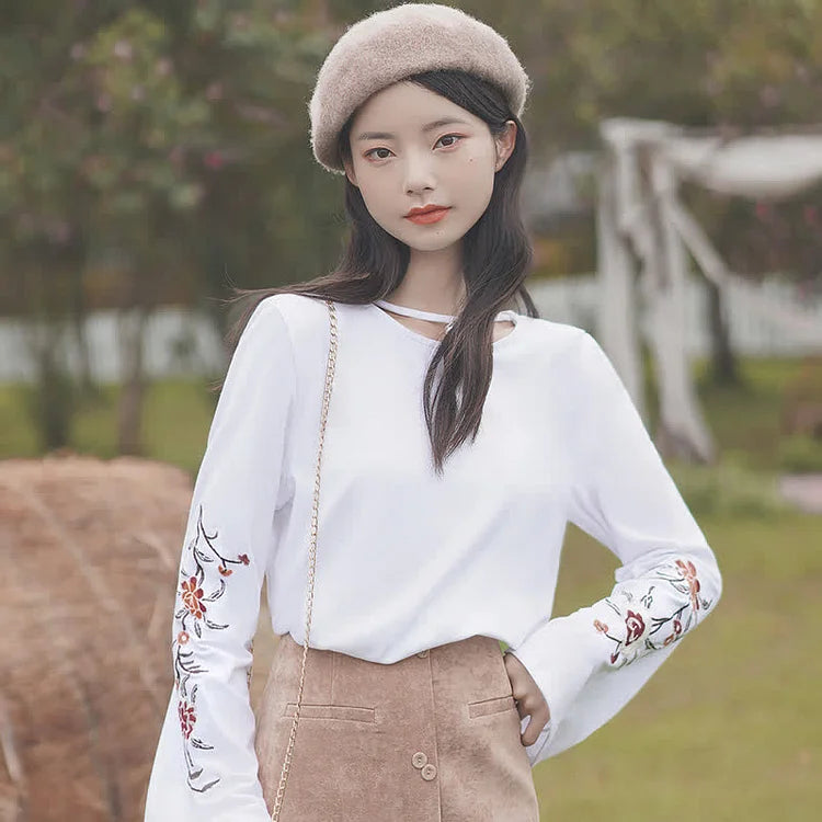 Vintage Blossom Emboidery Long Sleeve Loose Shirt