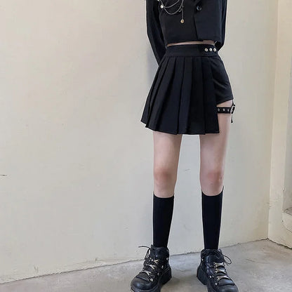 Dark Street Chain Crop Blazer Buckle Pleated Skirt