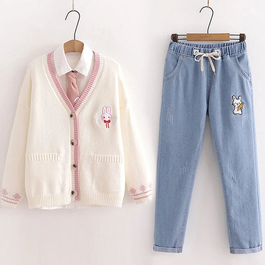 Japanese Cartoon Bunny Embroidery Cardigan Sweater Jeans Set