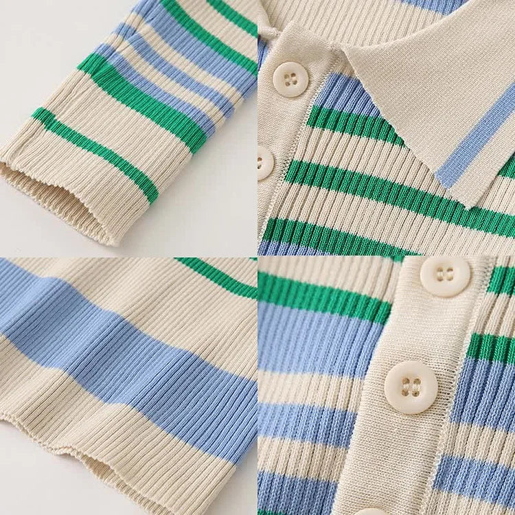 Chic Collar Striped Print Colorblock Lapel Knit Shirt