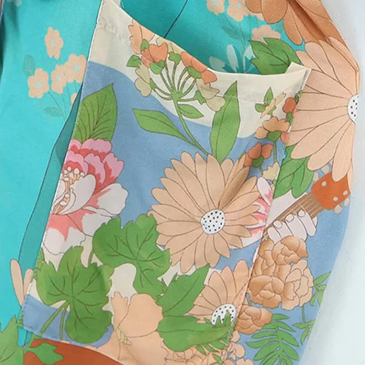 Vintage Floral Print Colorblock Robe Cardigan Kimono Outerwear