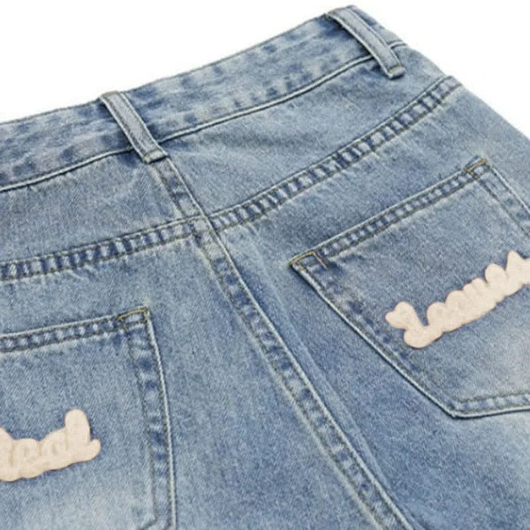 Vintage Blossom Button Shirt Letter Embroidery Denim Pants Two Piece Set Meowhiskers