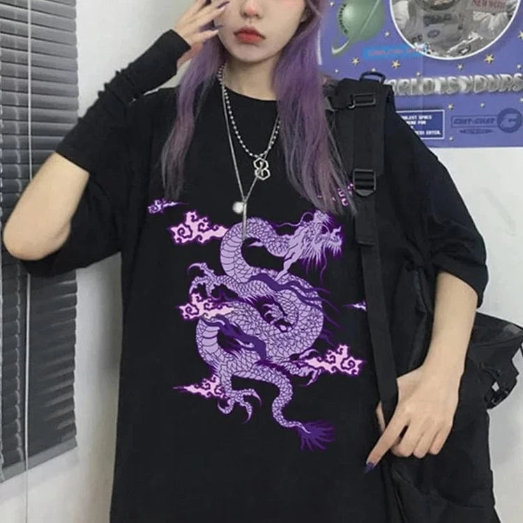 Vintage Dragon Print Round Neck Casual T-Shirt Meowhiskers