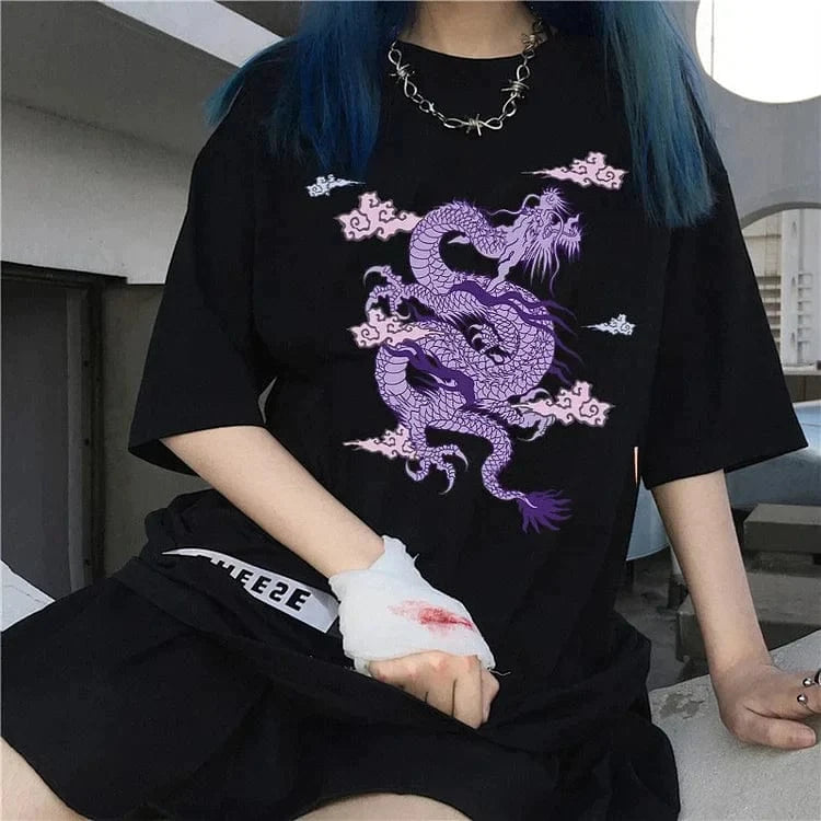 Vintage Dragon Print Round Neck Casual T-Shirt Meowhiskers