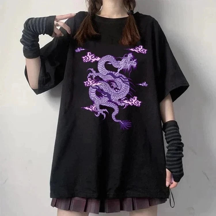 Vintage Dragon Print Round Neck Casual T-Shirt Meowhiskers