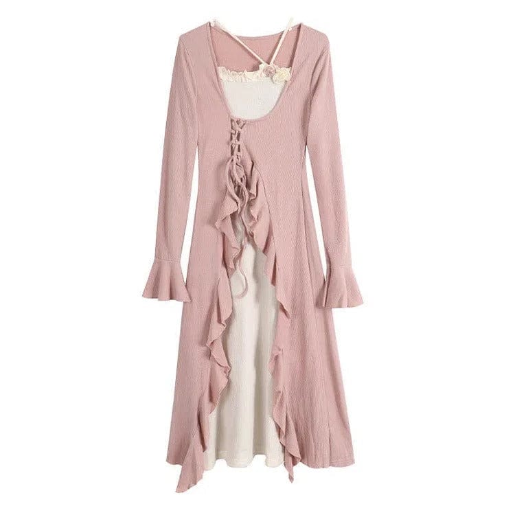 Vintage Flower Square Collar Colorblock Lace Up Flouncing Dress Meowhiskers