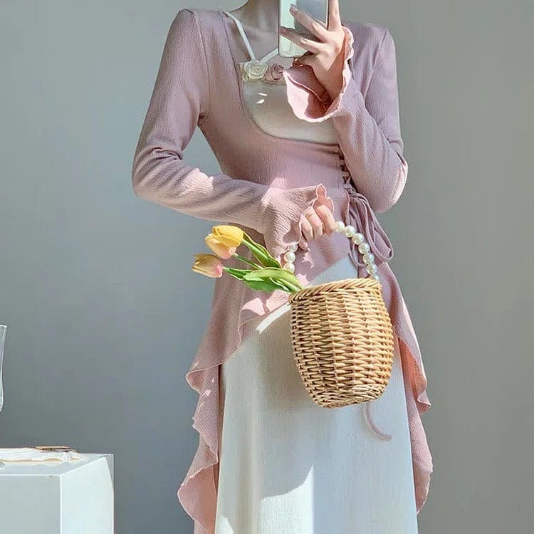 Vintage Flower Square Collar Colorblock Lace Up Flouncing Dress Meowhiskers