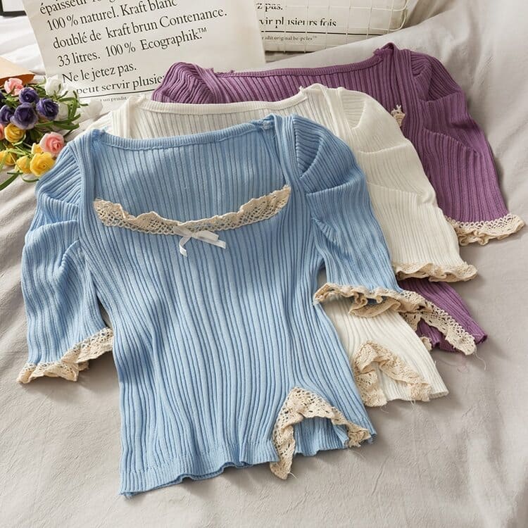 Vintage Ribbon Lace Puff Sleeve Shirt Meowhiskers