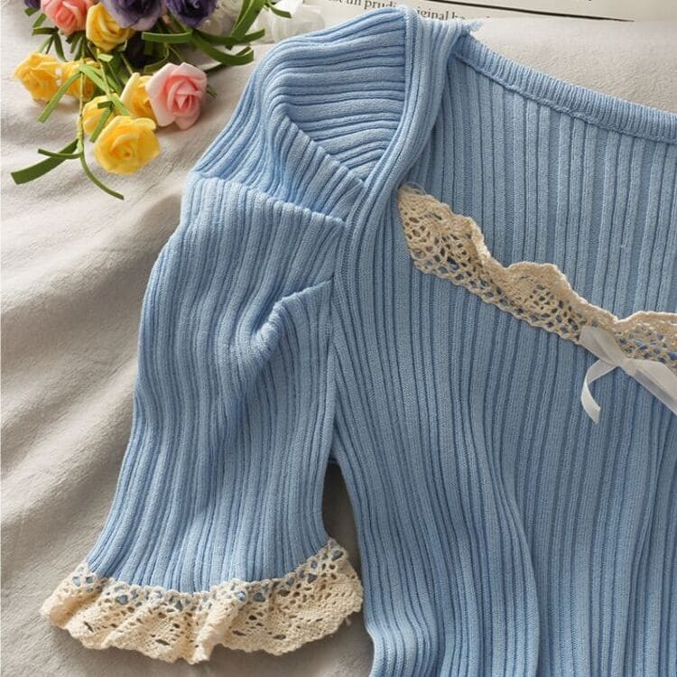 Vintage Ribbon Lace Puff Sleeve Shirt Meowhiskers