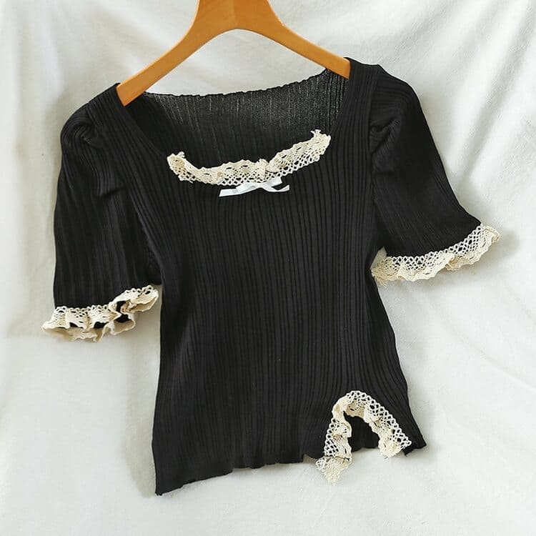 Vintage Ribbon Lace Puff Sleeve Shirt Meowhiskers