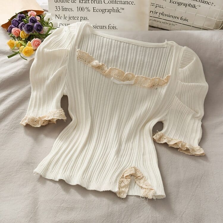 Vintage Ribbon Lace Puff Sleeve Shirt Meowhiskers