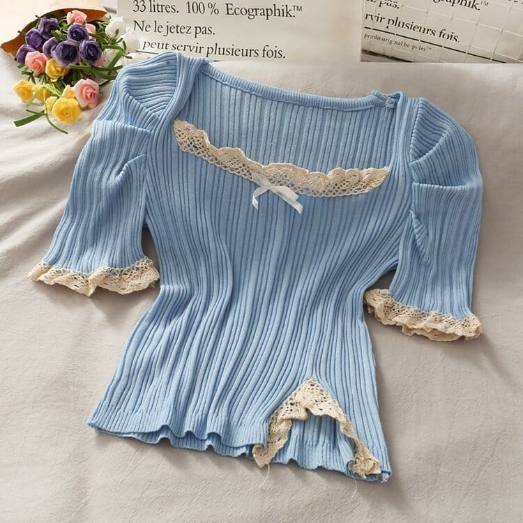 Vintage Ribbon Lace Puff Sleeve Shirt Meowhiskers