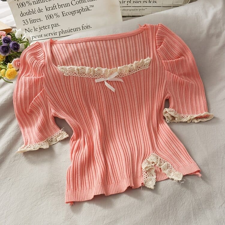 Vintage Ribbon Lace Puff Sleeve Shirt Meowhiskers