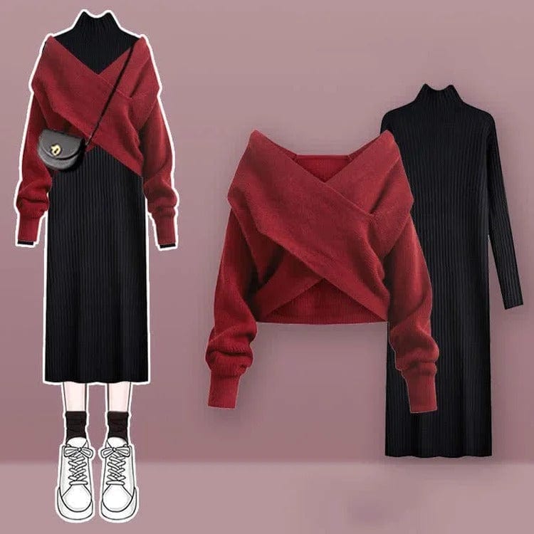 Vivid Color Cross Knit Sweater Dress Two Piece Set Meowhiskers