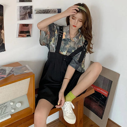 Retro Scenery Collar T-Shirt Overalls Shorts Two Piece