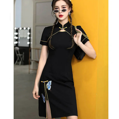 Vintage Butterfly Embroidery Chinese Cheongsam Dress