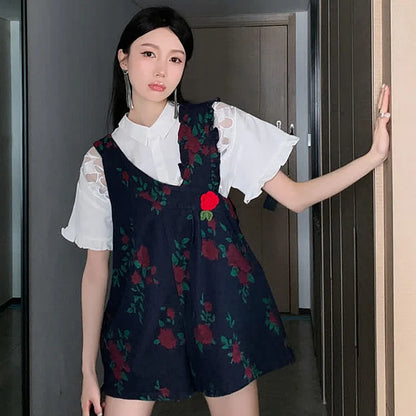 Hollow Out Butterfly Pattern T-Shirt Floral Print Denim Overalls Pants