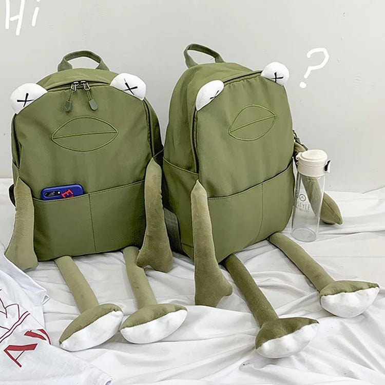 Cartoon 3D Frog Canvas School Backpack