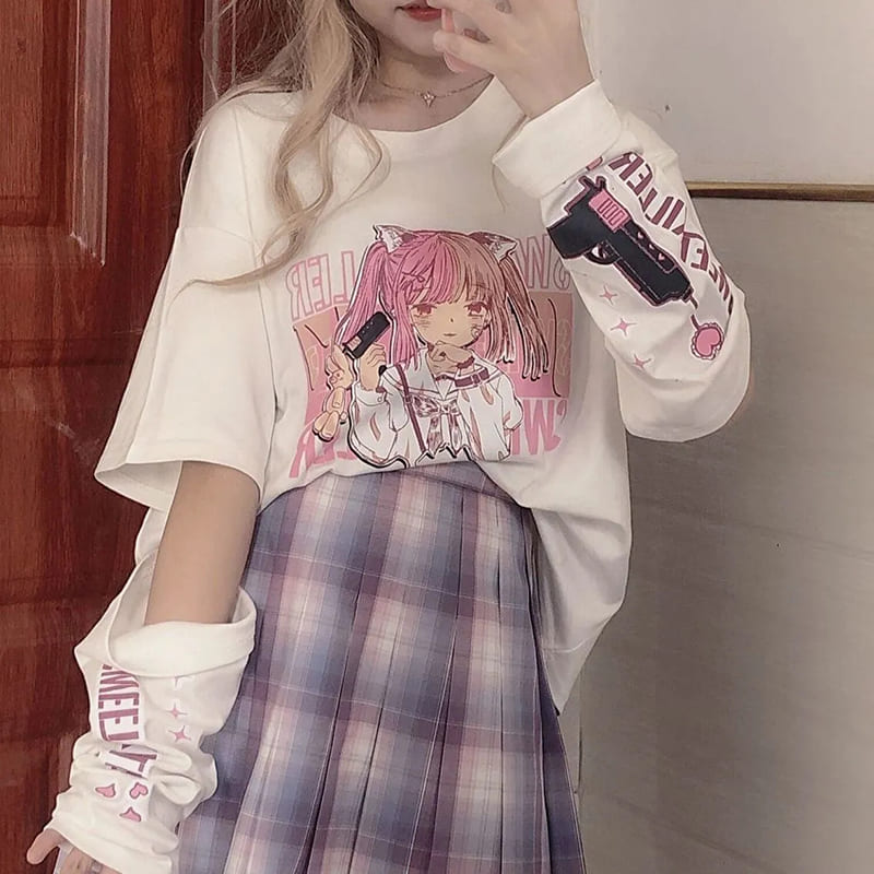 Anime Cat Girl T-Shirt With Arm Cover
