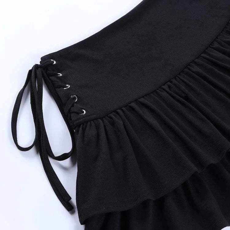 Lace Up High Waist Ruffled Black Skirt