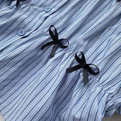 Striped Hollow Out Puff Sleeve Bowknot T-Shirt Lace Hem Shorts