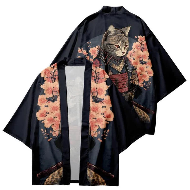 Vintage Cat Warriors Print Cardigan Kimono Outerwear