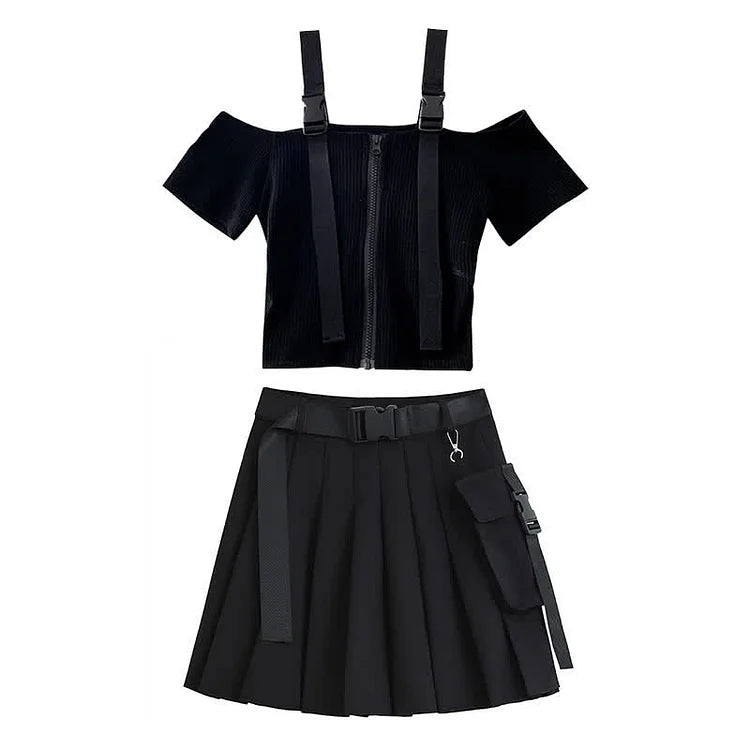 Street Off Shoulder Buckle Strap Zipper Crop Top Belted Pleated Skirt