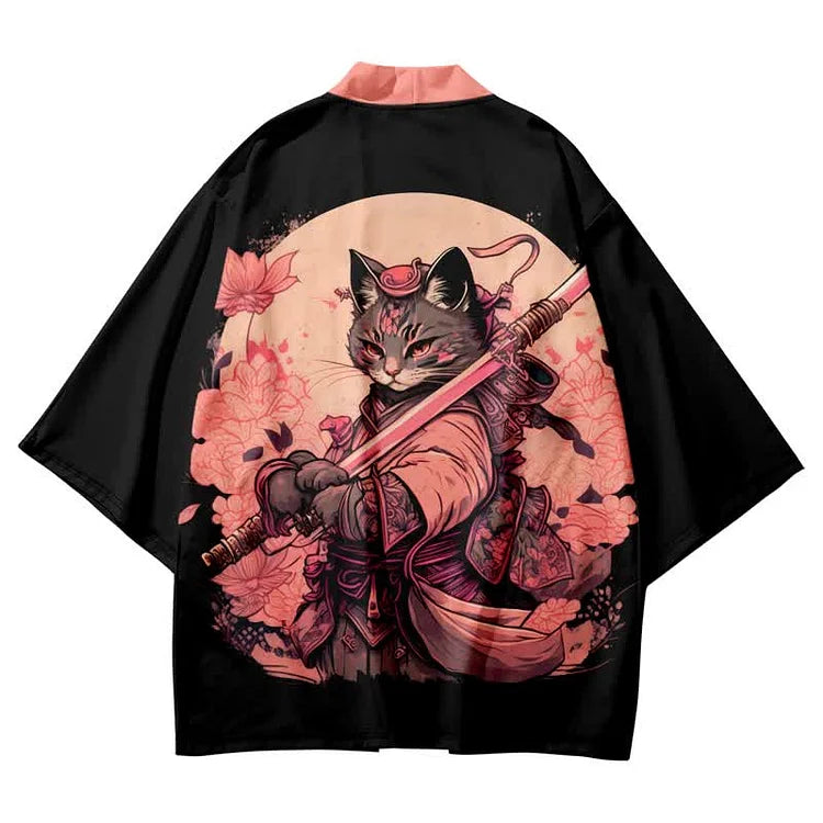 Vintage Cat Warriors Print Cardigan Kimono Outerwear