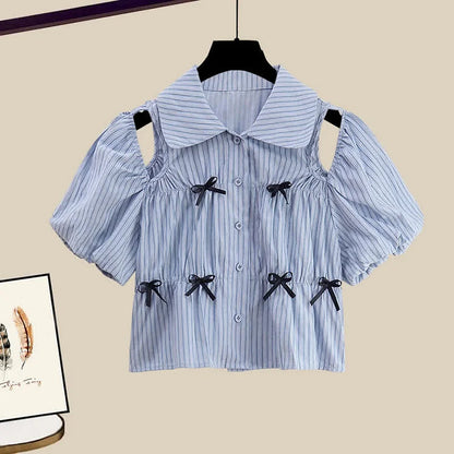 Striped Hollow Out Puff Sleeve Bowknot T-Shirt Lace Hem Shorts