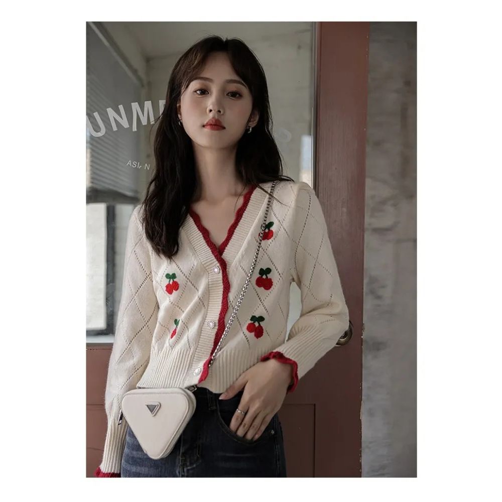 Cherry Embroidery Knit Cardigan Sweater