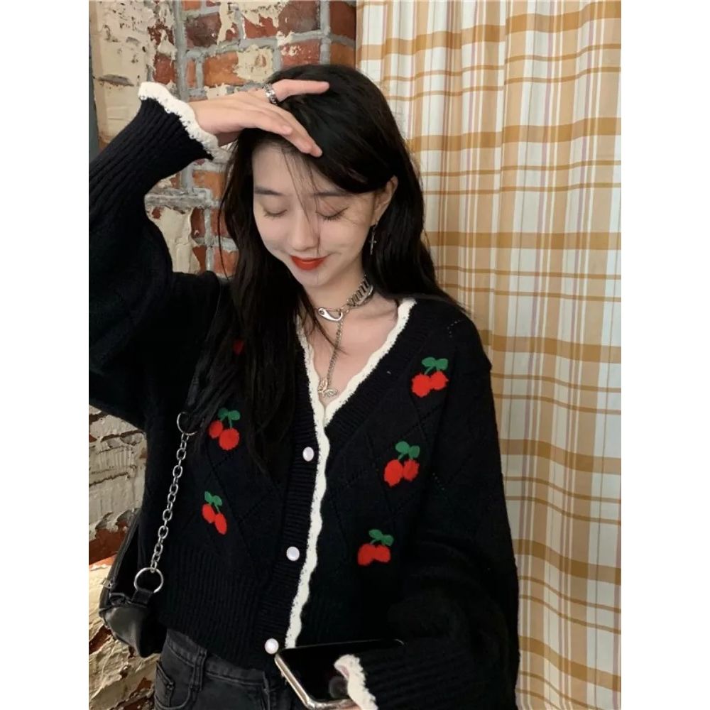 Cherry Embroidery Knit Cardigan Sweater