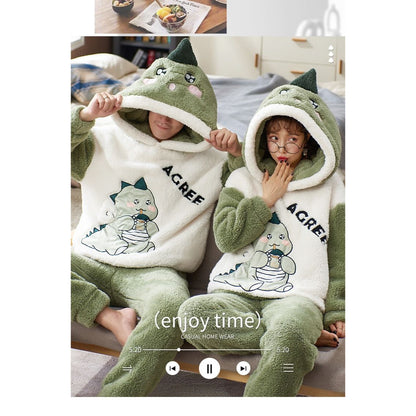 Kawaii Dinosaur Letter Boyfriend Girlfriend Hooded Pajamas Set