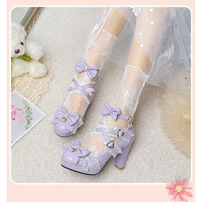 Lolita Bow Lace High Heel Buckle Mary Janes Shoes