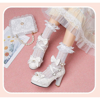 Lolita Bow Lace High Heel Buckle Mary Janes Shoes
