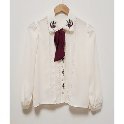 Elegant Embroidery Floral Bow Button Shirt