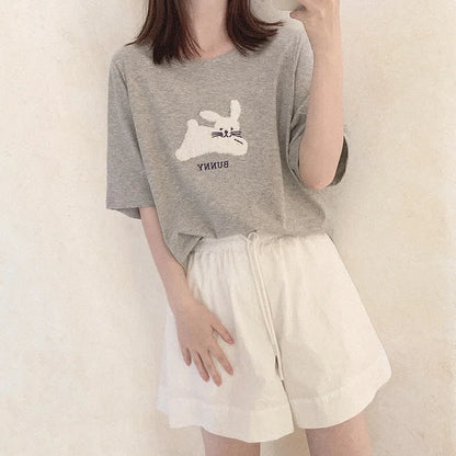 Pure Color Bunny Letter Embroidery Round Neck T-Shirt