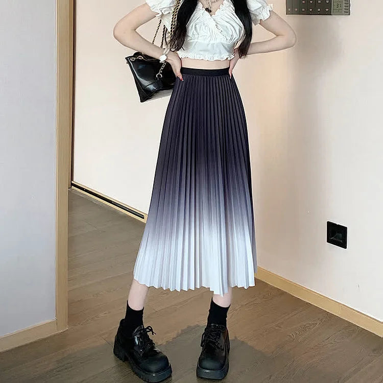 Chic Gradient Color High Waist Pleated Skirt