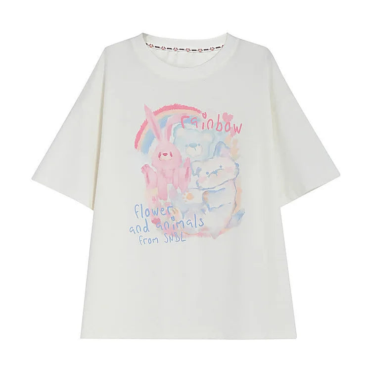 Rainbow Bunny Letter Print Matching Best Friends Loose T-Shirt