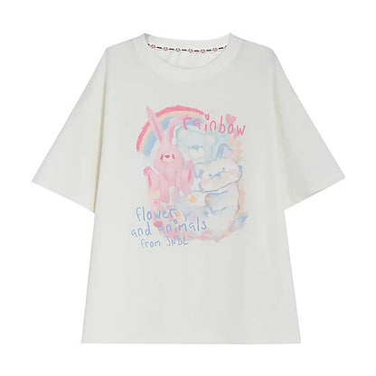 Rainbow Bunny Letter Print Matching Best Friends Loose T-Shirt