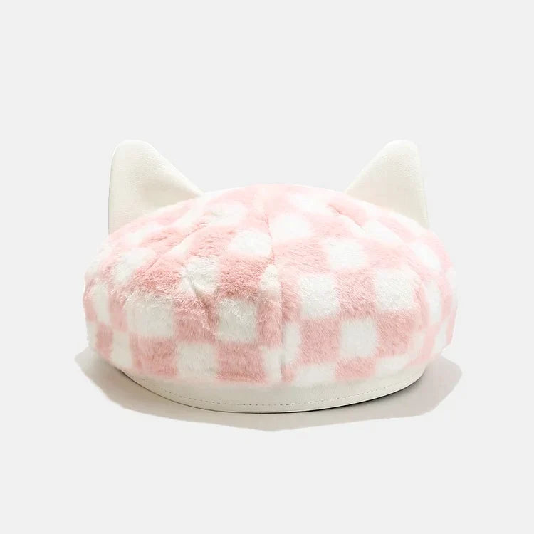 Cute Cat Ears Plaid Beret Hat