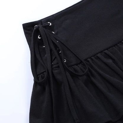 Lace Up High Waist Ruffled Black Skirt
