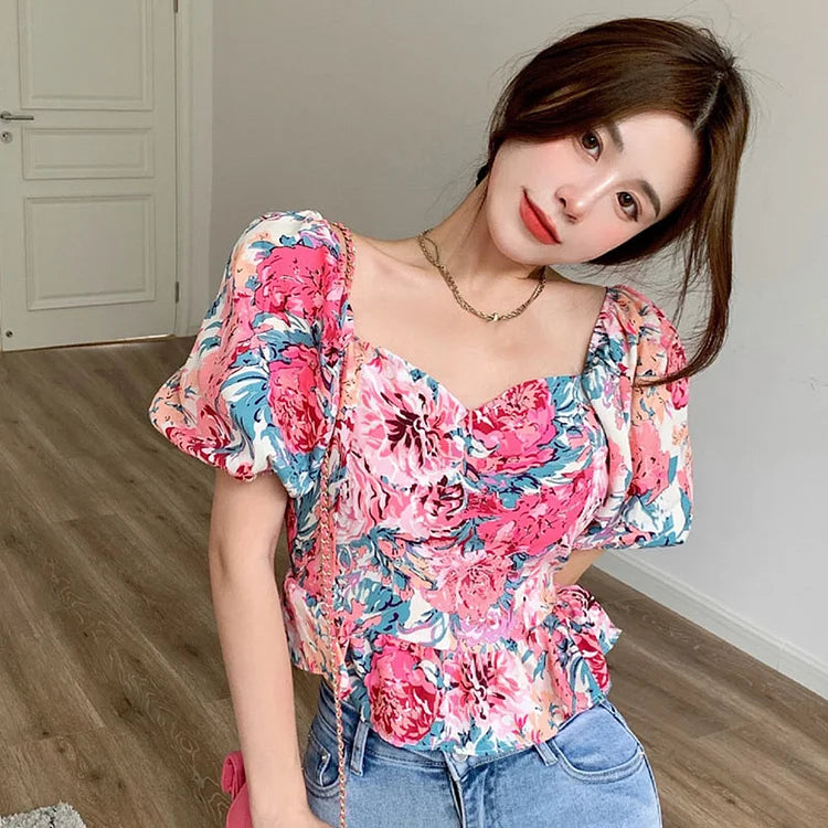 Y2K Backless Bowknot Floral Print T-Shirt