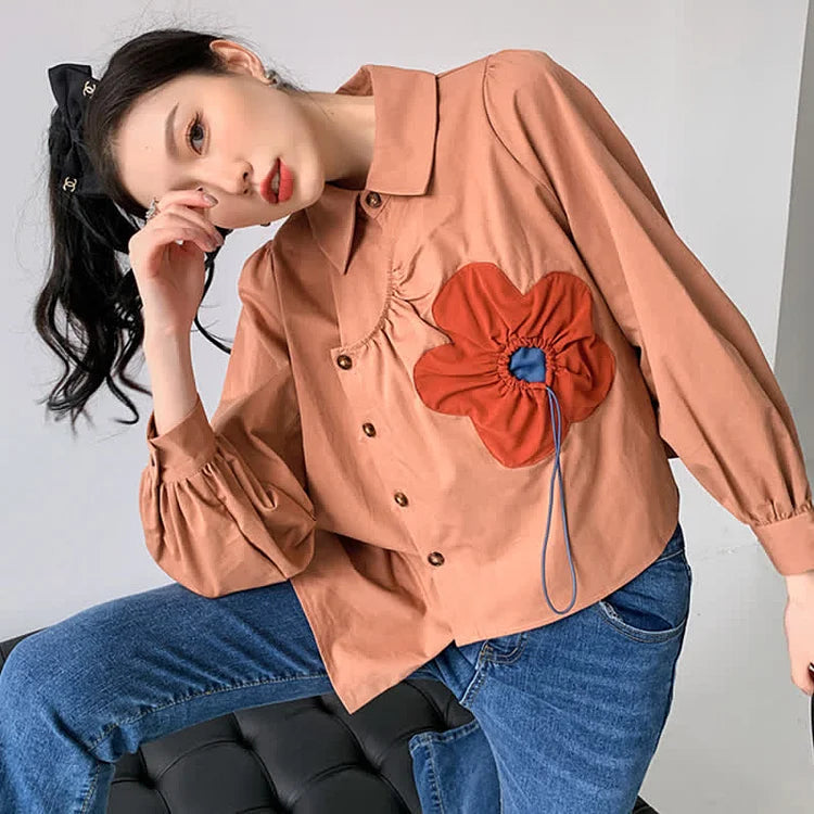 Irregular Blossom Flower Pattern Puff Sleeve Shirt