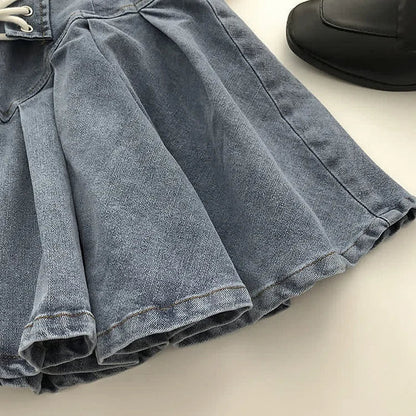High Waist Lace Undershorts Lace-Up Denim Pleated Skirt