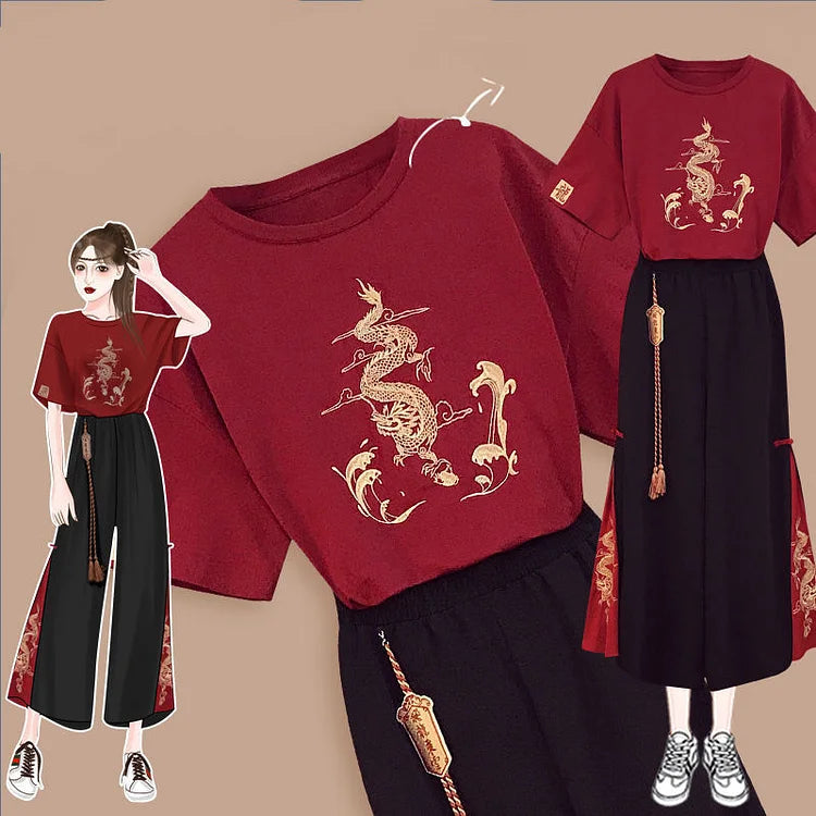 Vintage Dragon Embroidery T-Shirt Tassel Pants Two Piece Set