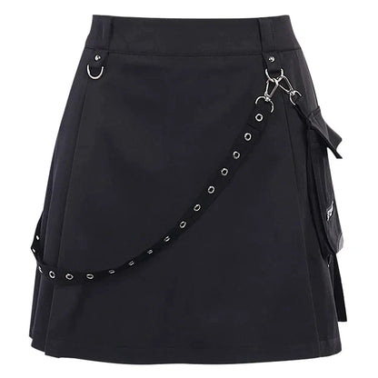 Punk Chain Pocket Zipper High Waist Pleated Skirt
