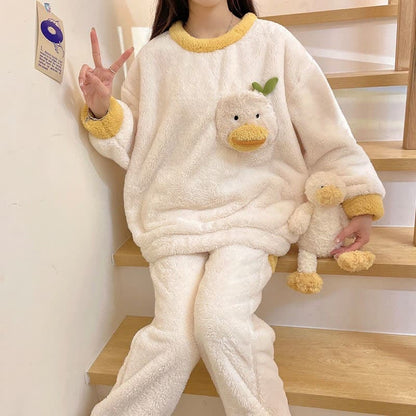 Kawaii Cartoon Embroidery Plush Pajamas Set